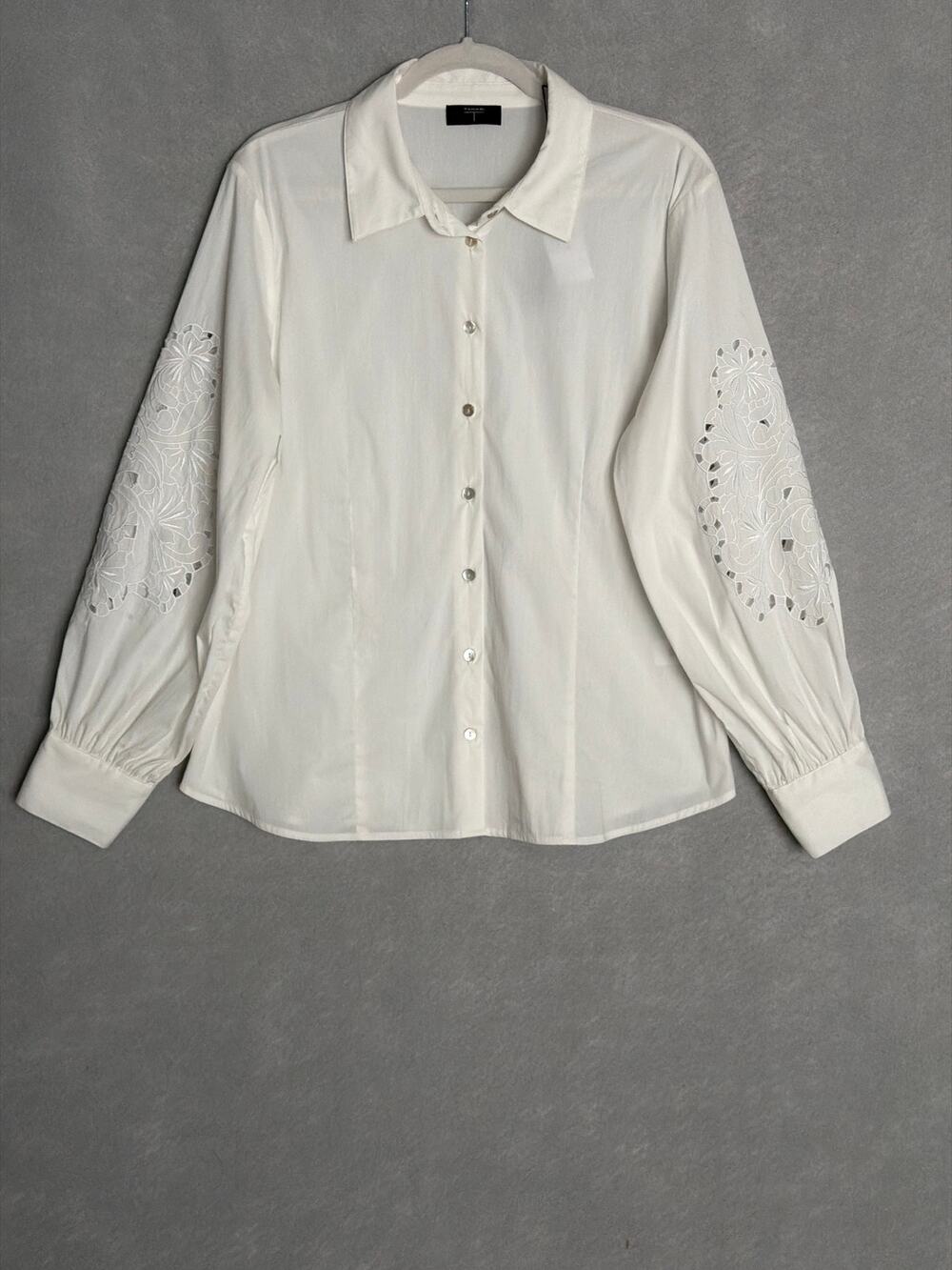 T Tahari Schiffli Embroidered Long Sleeve Shirt in White Star Women's XL NEW